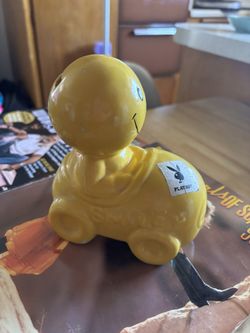Vintage Yellow Smiley Face Car Piggy Bank – Ceramic w/ Playboy Sticker