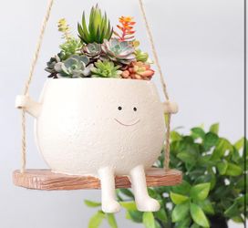 (NEW) Swing Smily Face Planter Pot Cute Hanging Flower Head Planters for Indoor Outdoor Plants Succulent Pots for String of Pearls Plant Live Resin Fa