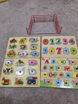 Wooden Peg Puzzles 4-Pack Puzzle Set with Rack, educational learning montessori puzzel toddler toy