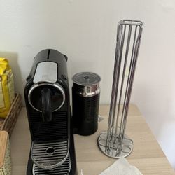 Nespresso CitiZ Espresso Machine and milk frother by DeLonghi with capsules stand