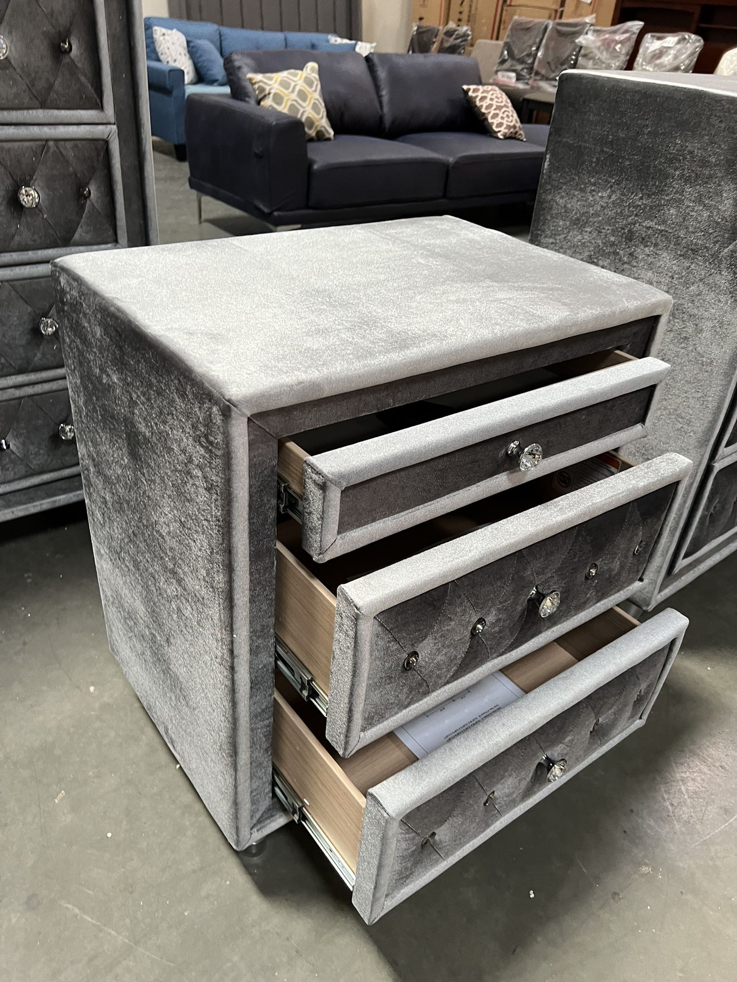 !New!!! Premium Upholstered Nightstand In Gray, Grey Nightstand, Nightstand, Nightstand With USB Charger, Jeweled Knobs Nightstand, Dovetailed Drawers