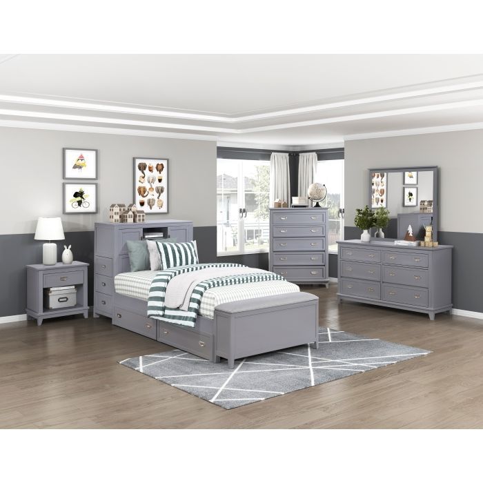 Brand New Gray Twin Bookcase Platform Bed with Hidden Desk, Stool and Storage Bench