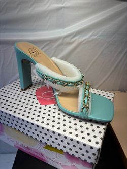 Delicious Shoes Teal Chain Strap Block Heel Mule