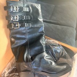 Black Knee-High Buckle Boots – Size 6.5