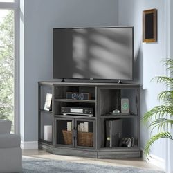 Corner TV Stand, LED-Lit Entertainment Center for TVs Up to 55 inches, Adjustable Partition, Integrated Power Outlet, for Living Room