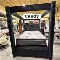 Black Velvet Canopy Queen Bed Frame