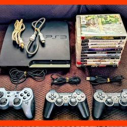 PlayStation 3 PS3 ,12 games and 3 controllers, 2 charging cords , powe cable for console and HDMI cable
