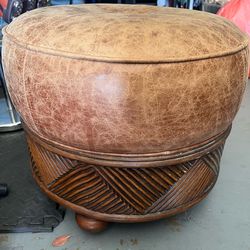 Round Distressed Leather Ottoman Wood Base