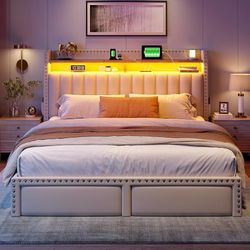 Full Size Bed Frame with 2 Drawers, LED & Charging Station, Beige 2-Tier Storage Headboard, heavy duty 1000lbs wooden slats for bedroom & apartment, n