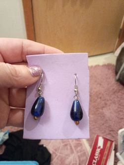 Vintage style dark blue glass teardrop dangle earrings