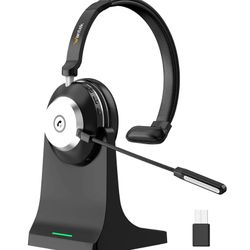Wireless Headset with Mic for Work with AI Noise Cancelling Microphone Bluetooth Headset with 2.4G USB Dongle & Mic Mute for Laptop/Computer/Cell Phon