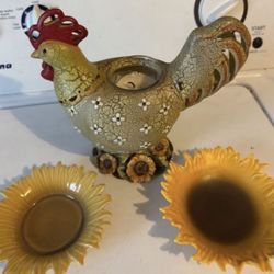 Last Chance Vintage Rooster Candle Holder And Sunflower Candle Dishes