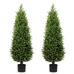 4ft Artificial Cedar Trees Artificial Topiary Trees Set of 2 Faux Cypress Plants UV Resistant Potted Bushes Faux Shrubs for Outdoor Indoor Front Porch