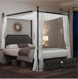 Full Upholstered Canopy Bed Frame with 2 Storage Drawers & Button Tufted Headboard, Metal Platform Bed with 4 Removable Posts, Two-Purpose Velvet Bed,