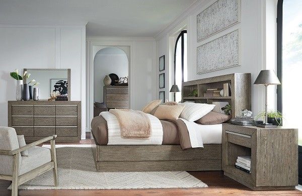 Gray 7Pc.Dresser Mirror Chest Queen Bookcase Bed 2 Nightstands