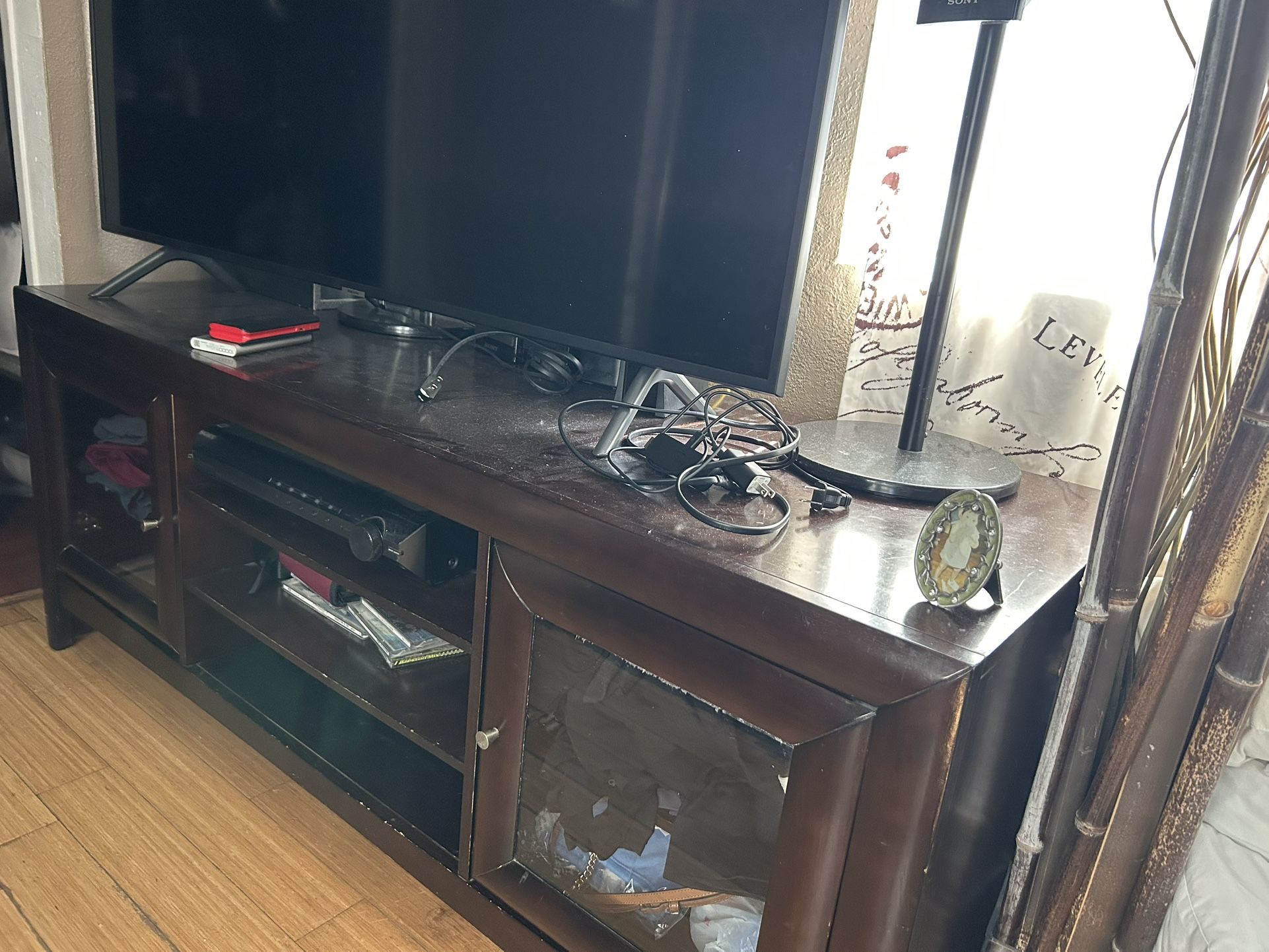 Dark Brown Wood TV Stand / – Glass Doors + Open Shelves