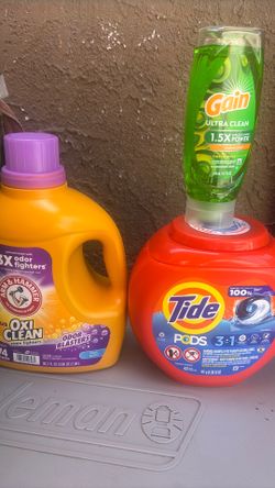 One tide and arm and hammer with a gain dish soap