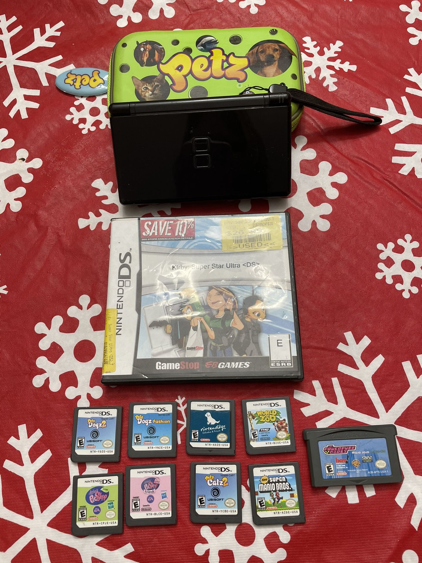 Nintendo DS Lite Black Bundle: Charger, Case 10 Games Petz Kirby Super Mario