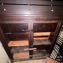 Antique Wooden Display Cabinet with Glass Doors – Needs TLC
