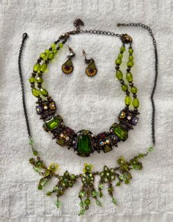 Green Crystal Statement Necklace Set with Earrings