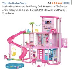 Barbie Dreamhouse, Pool Party Doll House with 75+ Pieces and 3-Story Slide, House Playset, Pet Elevator and Puppy Play Areas