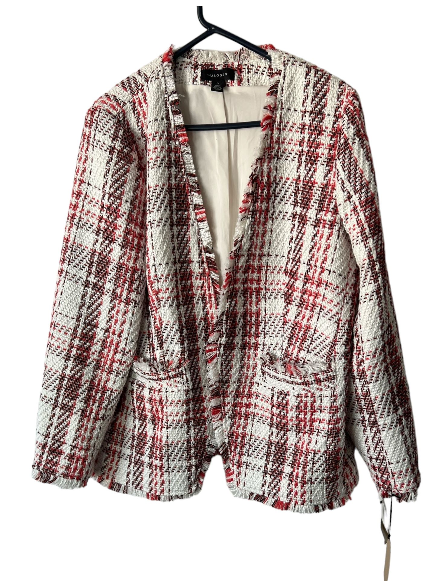 Halogen NWT Tweed Blazer Red White 1X Fringe   Comes from a pet and smoke free home.  All measurements in the pictures. Elevate your wardrobe with thi