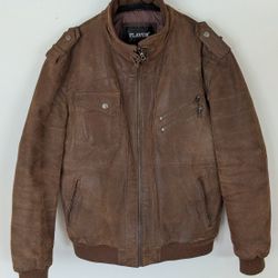 FLAVOR Brown Bomber Jacket Men's M Zipper Button Epaulet Stand-Up Collar Lined