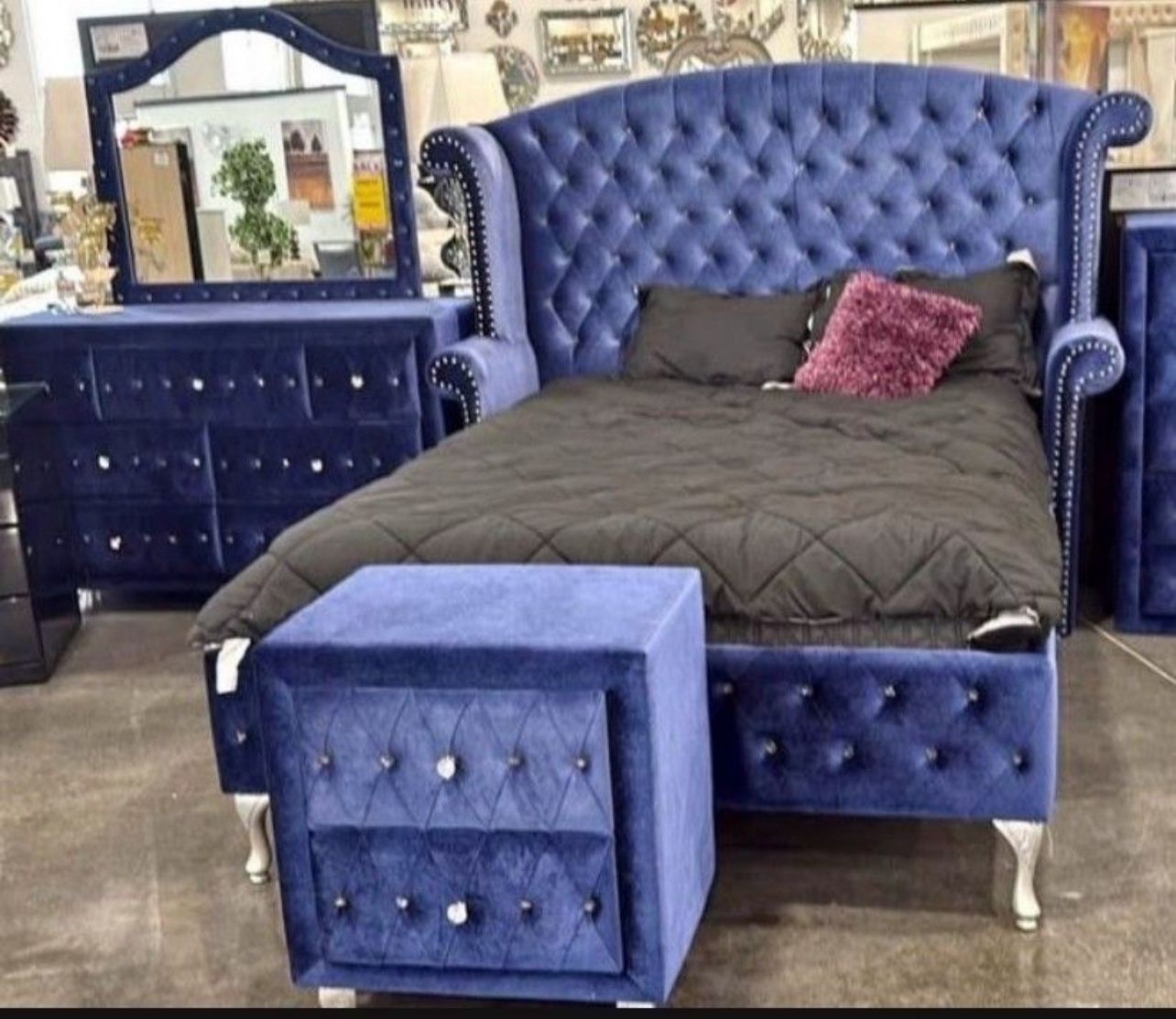 Blue Bedroom Set 4 Pcs New Velvet 💙 Finance Available No Credit Needed $39