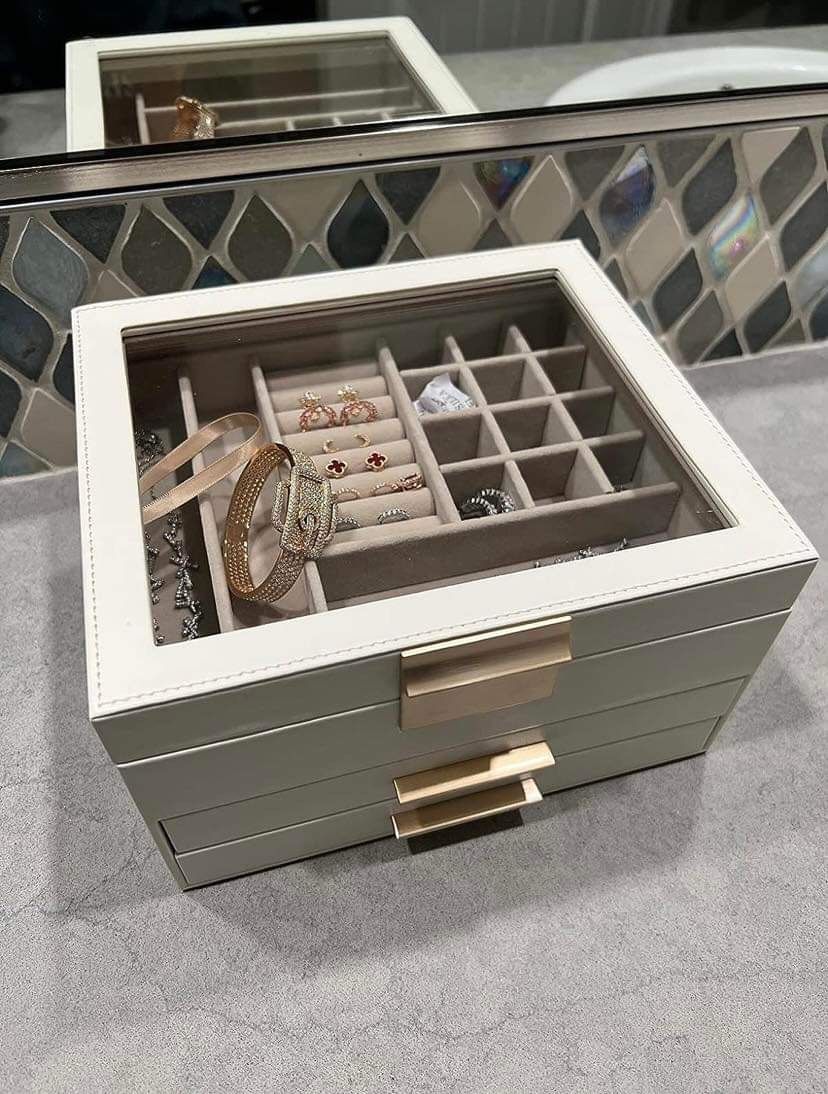 Jewelry Box with Glass Lid, 3-Layer Jewelry Storage Organizer with 2 Drawers White