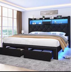 Black Upholstered Platform Bed with Storage and LED