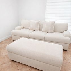 Beige Fabric Sofa + Storage Ottoman (Set)