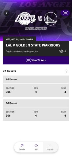 (2) WARRIORS @ LAKERS TICKETS CRYPTO ARENA HOME OPENER ROW 4