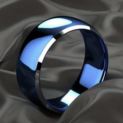 Mens size 9-13 Blue Stainless Steel Wedding Ring, Silver Slant Edge Mens Wedding Or Gift