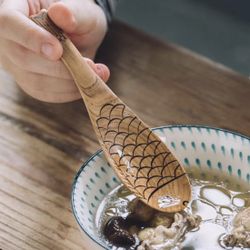 Wooden Rice Spoon, Handmade Wood Fish Salad Bento Spoons, Wooden Crafts Tableware
