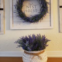 Mexican Wicker Pot With Fake Lavander And One  18" Lavander Wreath.  All Together. New