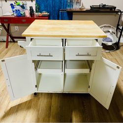 Rolling Kitchen Island with Butcher Block Top