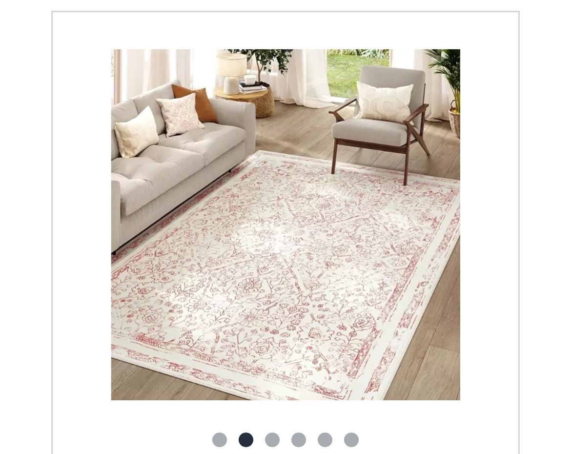 Washable Area Rug 6x9 - Low Pile Bedroom Rug Indoor Red Floral Print Faux Wool Soft Stain Resistant Distressed Vintage Ultra-Thin Non-Slip Boho Carpet