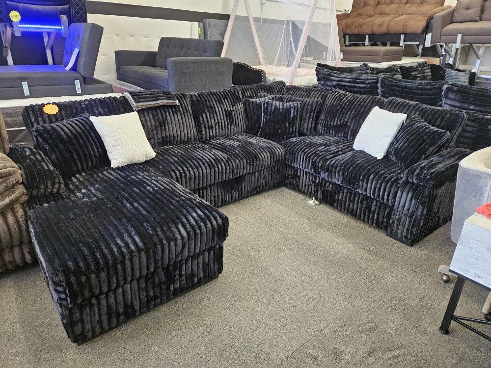 Brand NEW SECTIONAL BLACK CORDUROY FABRIC WITH PULL OUT BED & STORAGE CHAISE $1499