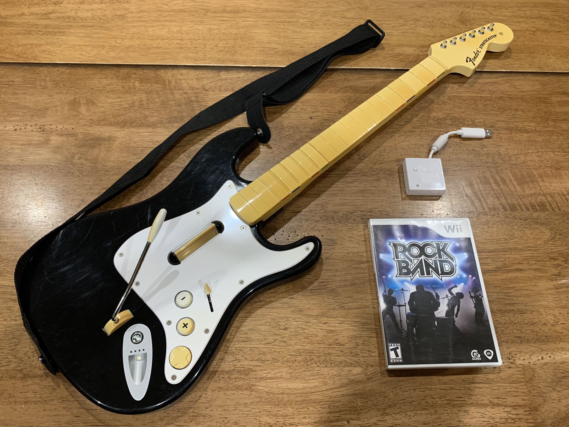 Wii Rock Band Fender Stratocaster Guitar w/ Dongle, Strap, & Rock Band Game