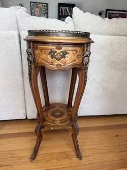Antique French Style Marquetry Accent Table / Plant Stand with Brass Gallery