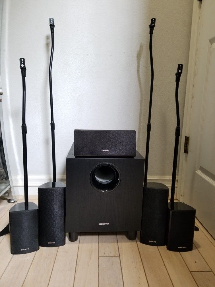 Onkyo Home Theater Surround Sound System Speakers With Stands Subwoofer