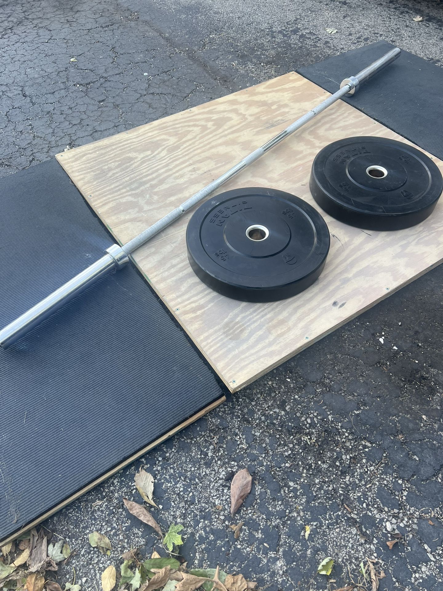 2 Inch Olympic Pair Of Titan Bumper Plates With Olympic Barbell And Homemade Deadlifting Platform
