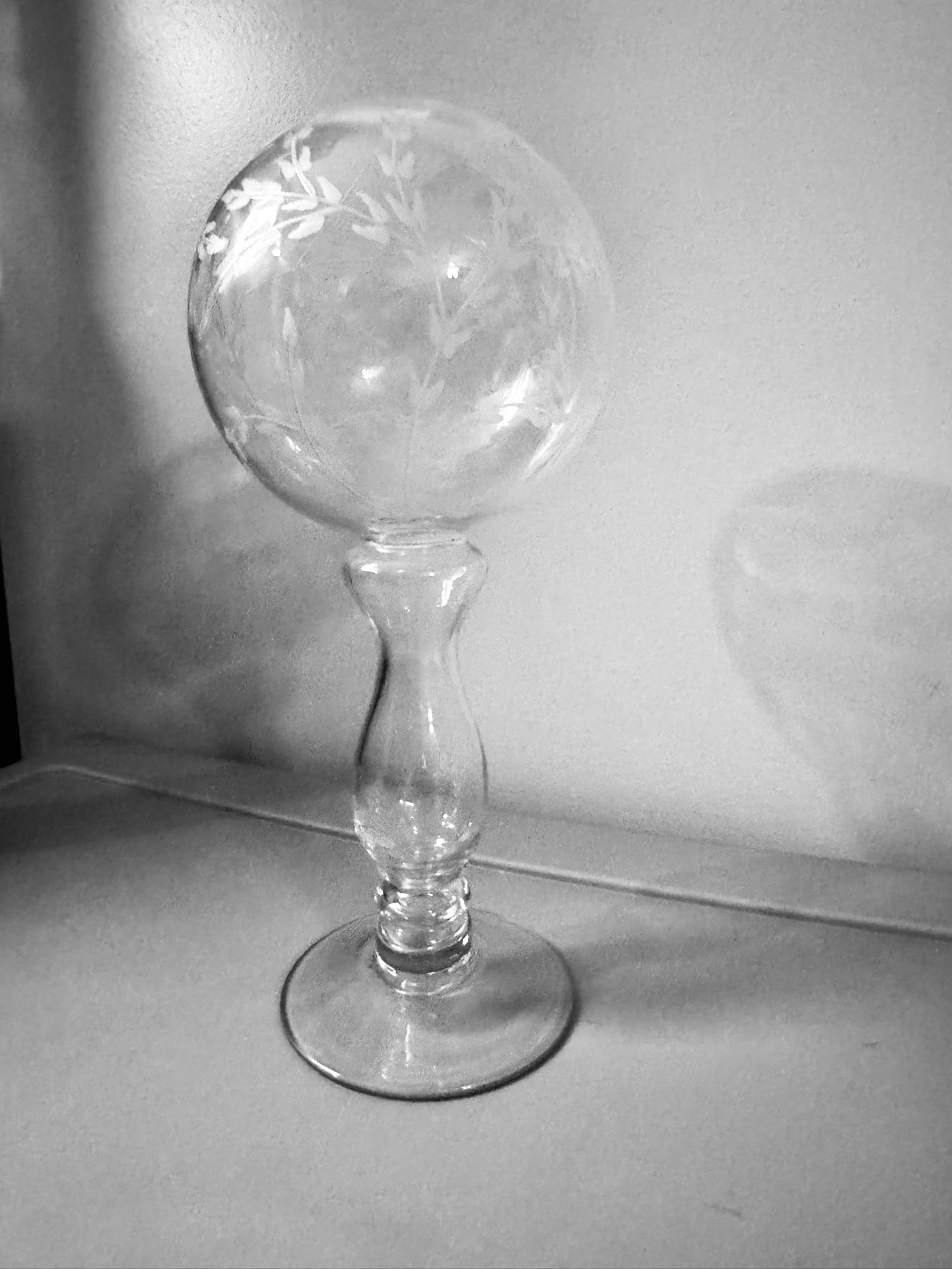 Very Vintage Hand Made Blown Glass Wig Stand, Rare And Etched