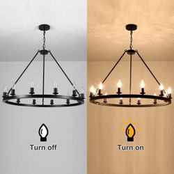 STUNNING Black Iron Chandelier - 12-Light Rustic Farmhouse Style - Round Wagon Wheel Design