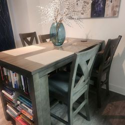 Kitchen Table with Bookshelves and 4 Bar Height Chairs