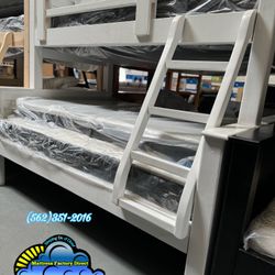 Twin Full White Bunk Bed Litera Con Colchones Nuevos Bonitos