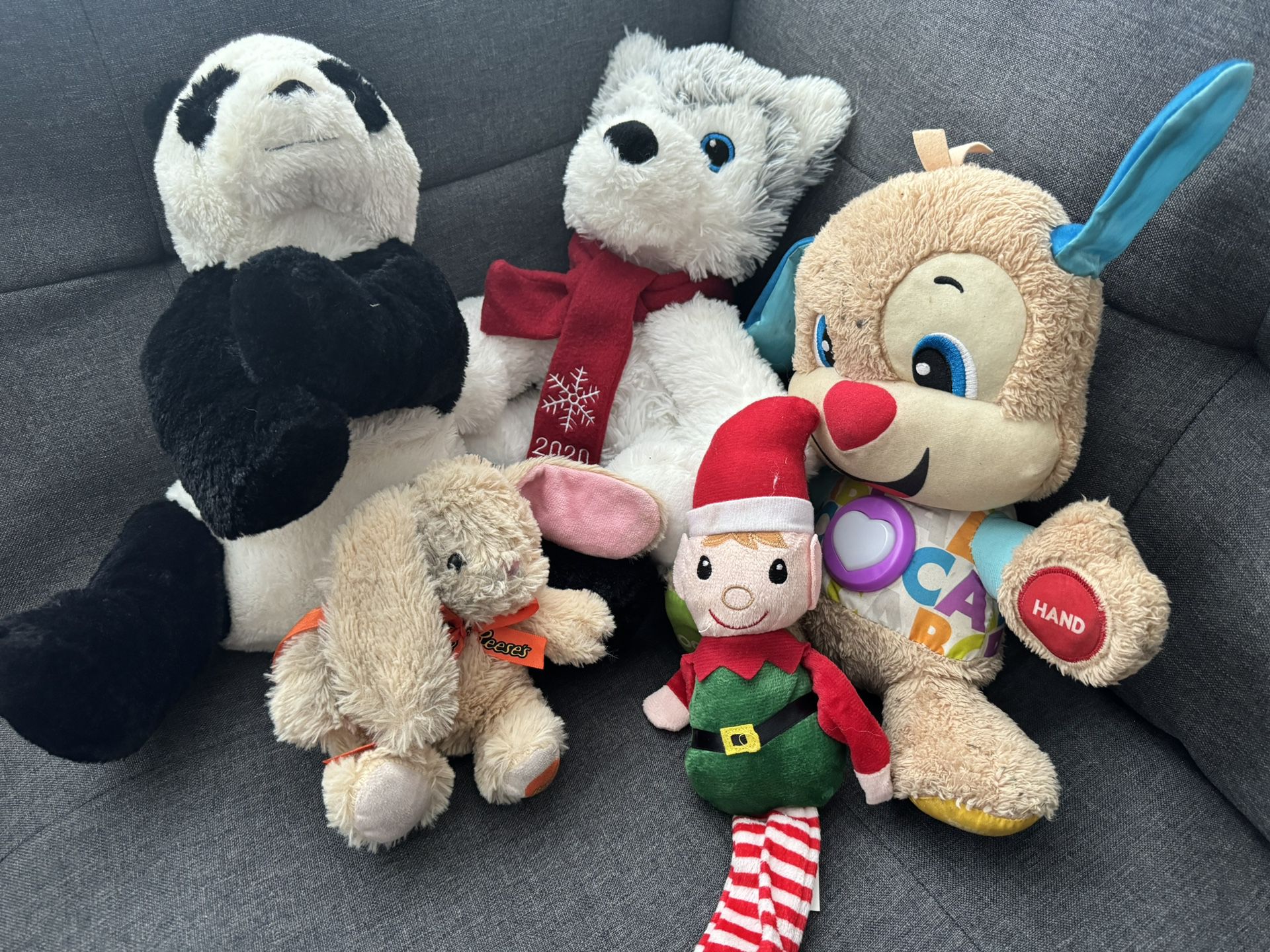Set Of 5 Plush Toys Panda Husky Puppy Bunny Christmas Elf
