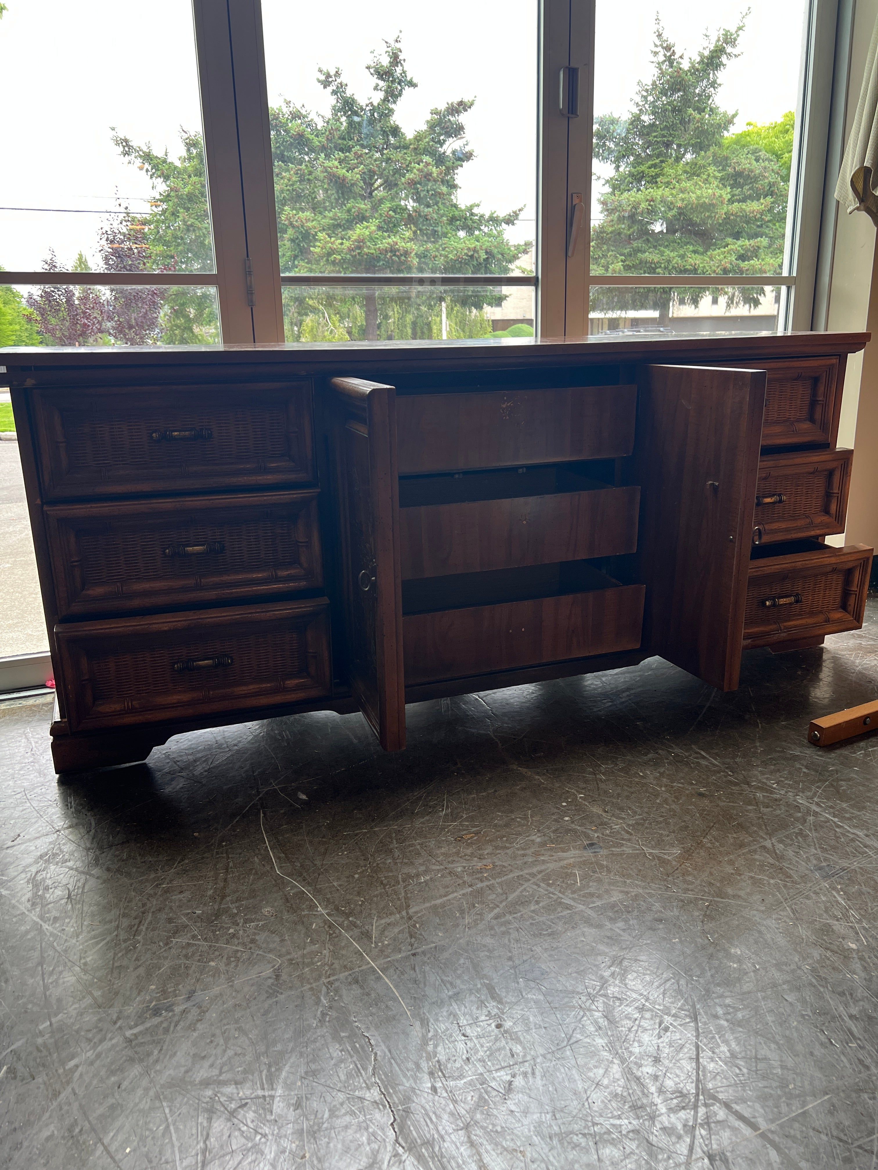 Vintage Bamboo Style Dresser with Marble Top and Carved Panels