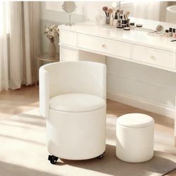 Rolling Round Vanity Chair with Storage