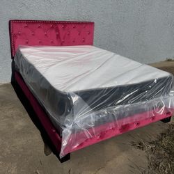 NEW HOT PINK QUEEN SIZE BED WITH MATTRESS AND BOXSPRING INCLUDING FREE DELIVERY
